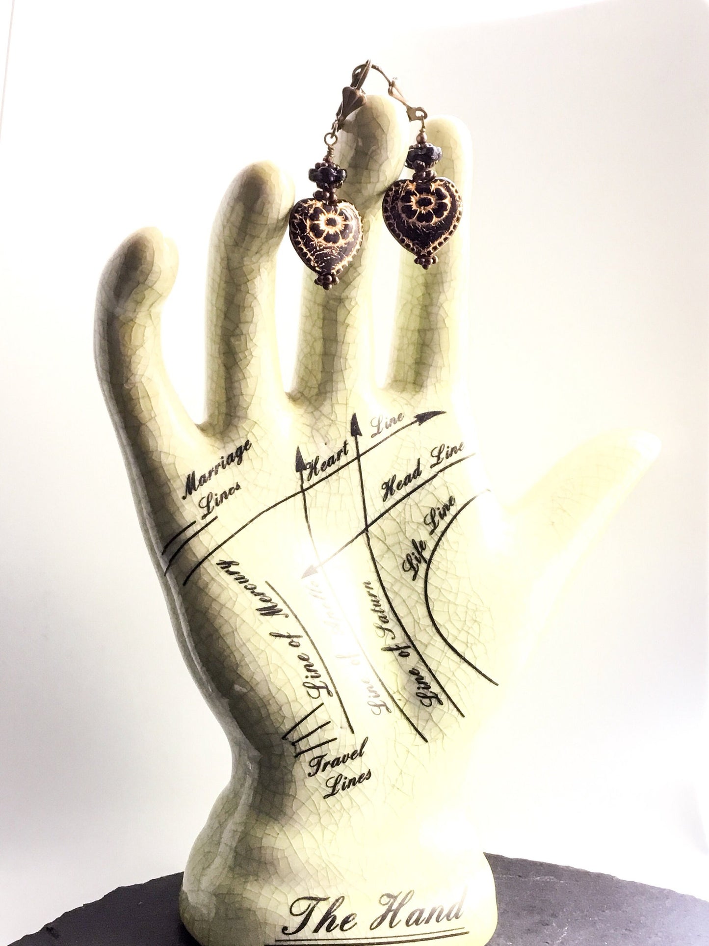 Victorian Valentine Earrings. Pressed Black Glass Heart & Flowers. Niobium Ear-wire Option - Darkmoon Fayre