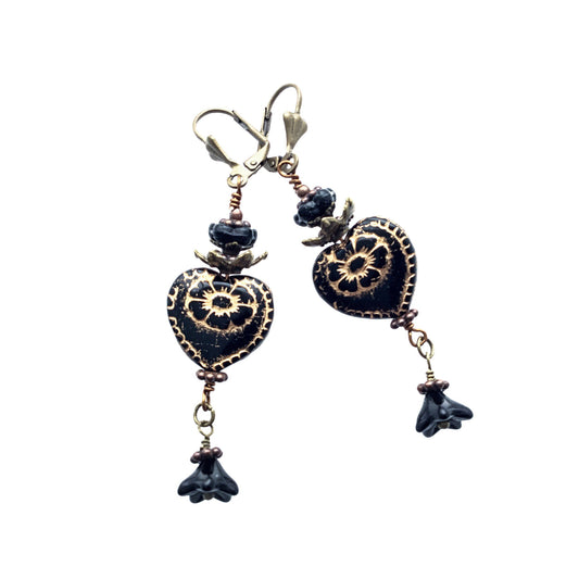 Victorian Valentine Earrings. Black Glass Heart & Flowers. Niobium or Clip-on Ear-wire Options - Darkmoon Fayre