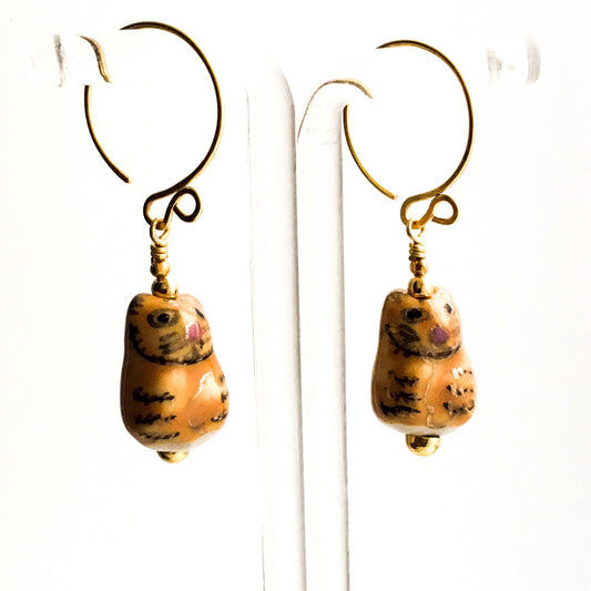 Ginger Tabby Cat Ceramic Earrings. Gold Plated Hand Forged Ear-Wires. Niobium Ear-wire Option - Darkmoon Fayre