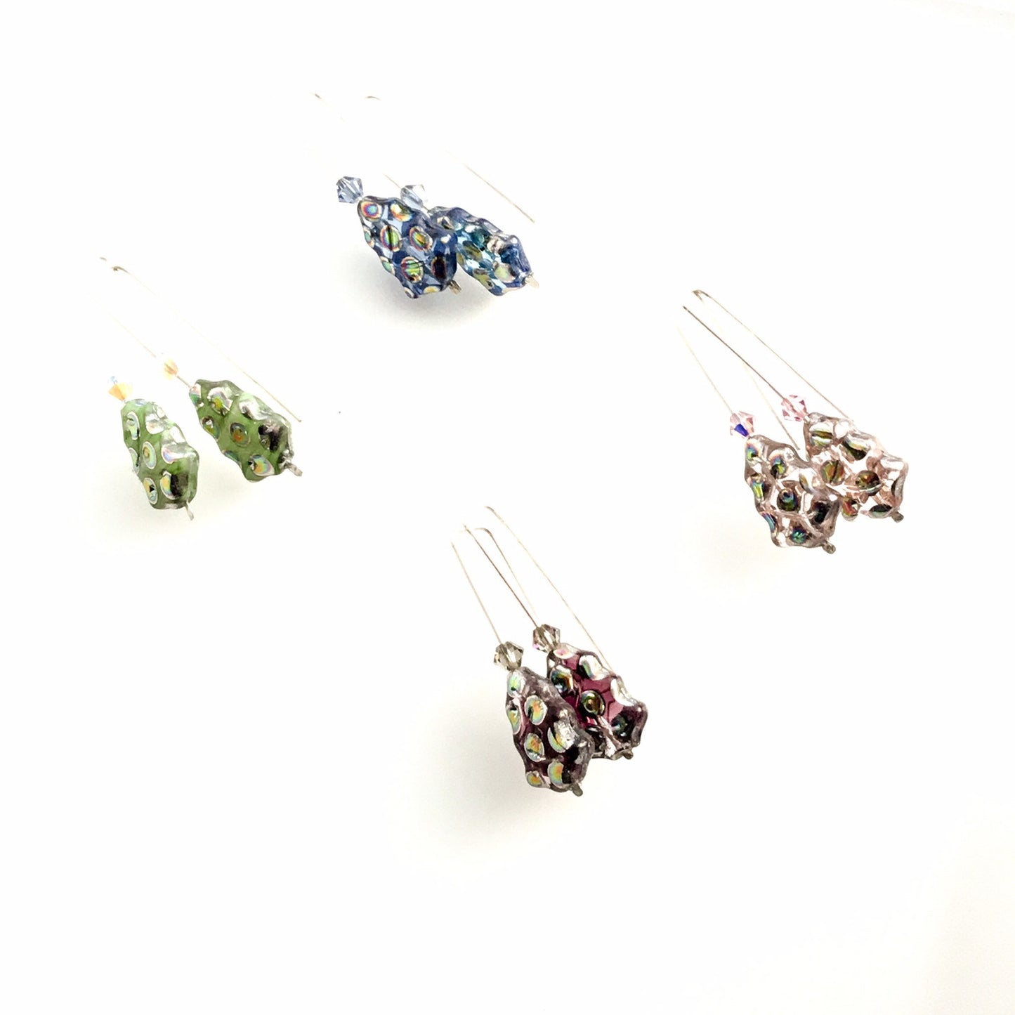 Christmas Tree Earrings. Blue Dichroic Glass, Swarovski Crystal. 925 Silver Hand Forged Ear-wires - Darkmoon Fayre