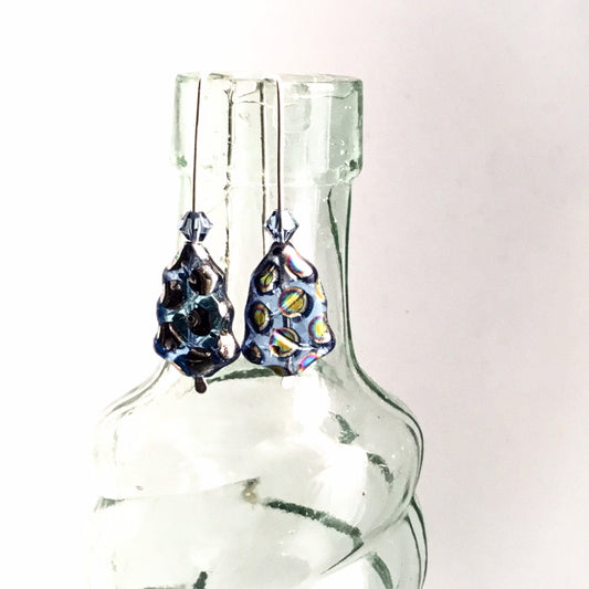 Christmas Tree Earrings. Blue Dichroic Glass, Swarovski Crystal. 925 Silver Hand Forged Ear-wires - Darkmoon Fayre