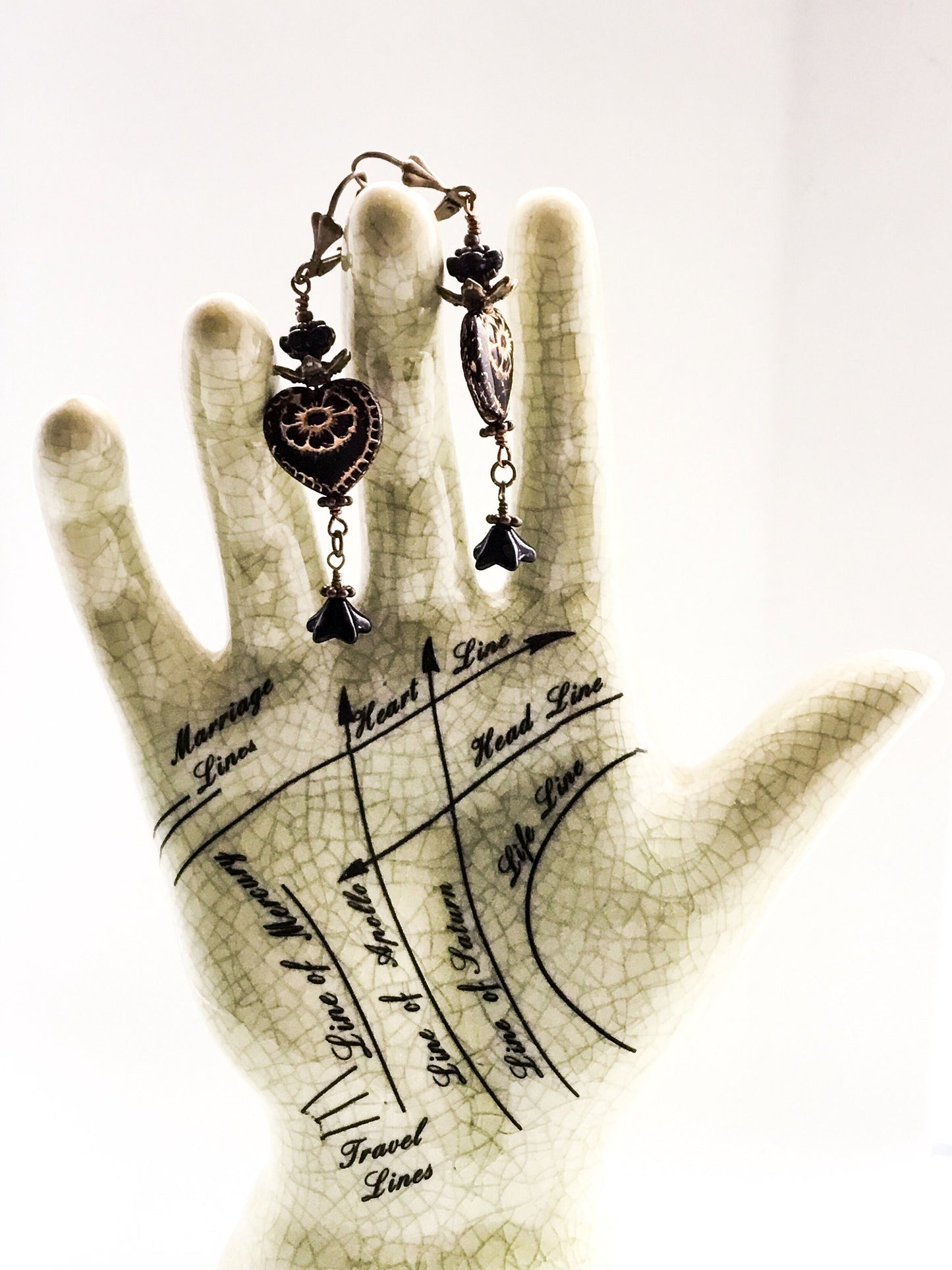 Victorian Valentine Earrings. Black Glass Heart & Flowers. Niobium or Clip-on Ear-wire Options - Darkmoon Fayre