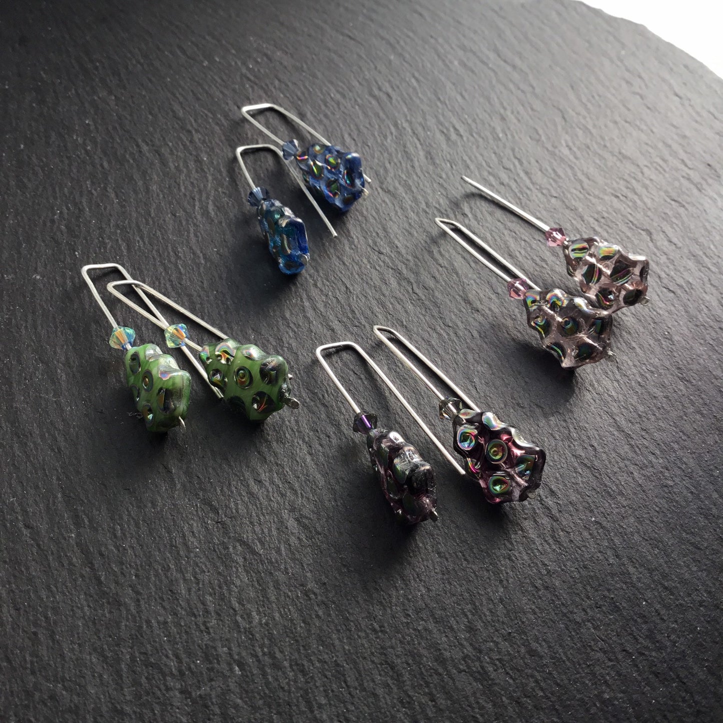 Christmas Tree Earrings. Green Dichroic Glass, Swarovski Crystal. 925 Silver Hand Forged - Darkmoon Fayre