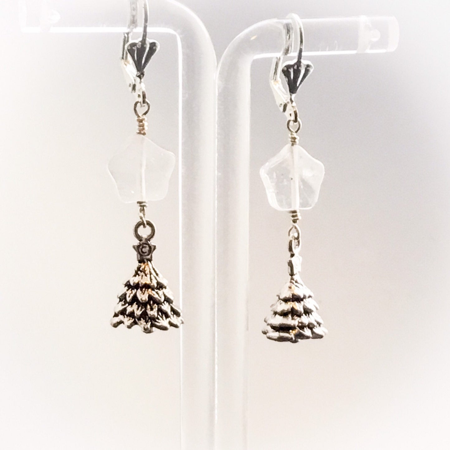 Christmas Tree Earrings. Clear Quartz/Rock Crystal Star, Pewter Tree. 925/Titanium Ear-wire Options - Darkmoon Fayre