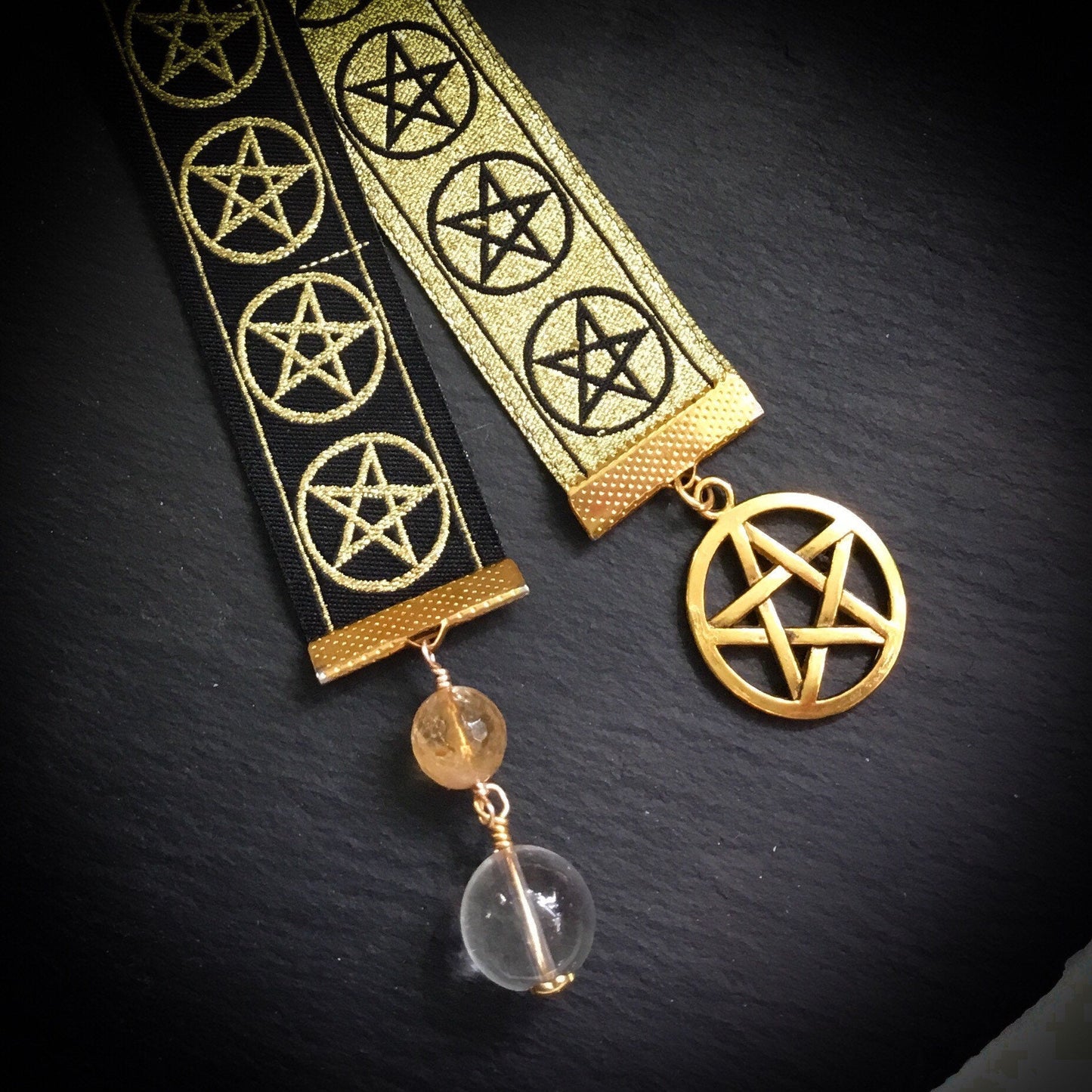 Book of Shadows Bookmark. Pentacle Weave Gold Jacquard Ribbon, Citrine, Quartz Crystal “Ball” - Darkmoon Fayre