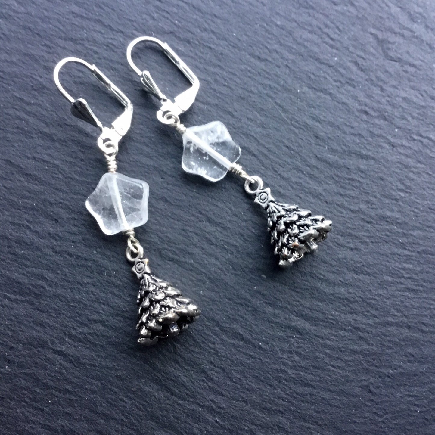 Christmas Tree Earrings. Clear Quartz/Rock Crystal Star, Pewter Tree. 925/Titanium Ear-wire Options - Darkmoon Fayre