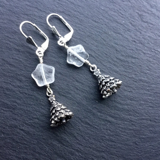Christmas Tree Earrings. Clear Quartz/Rock Crystal Star, Pewter Tree. 925/Titanium Ear-wire Options - Darkmoon Fayre