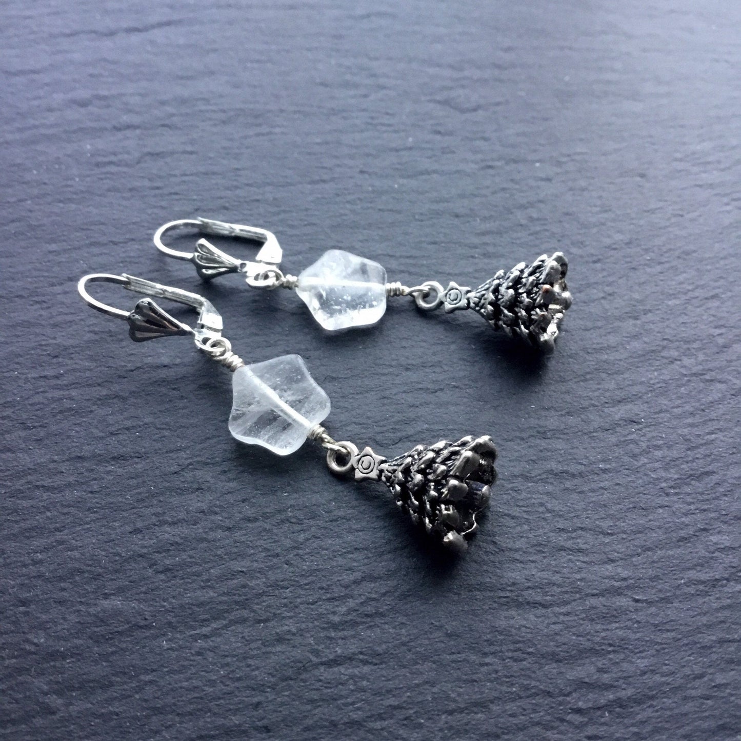 Christmas Tree Earrings. Clear Quartz/Rock Crystal Star, Pewter Tree. 925/Titanium Ear-wire Options - Darkmoon Fayre