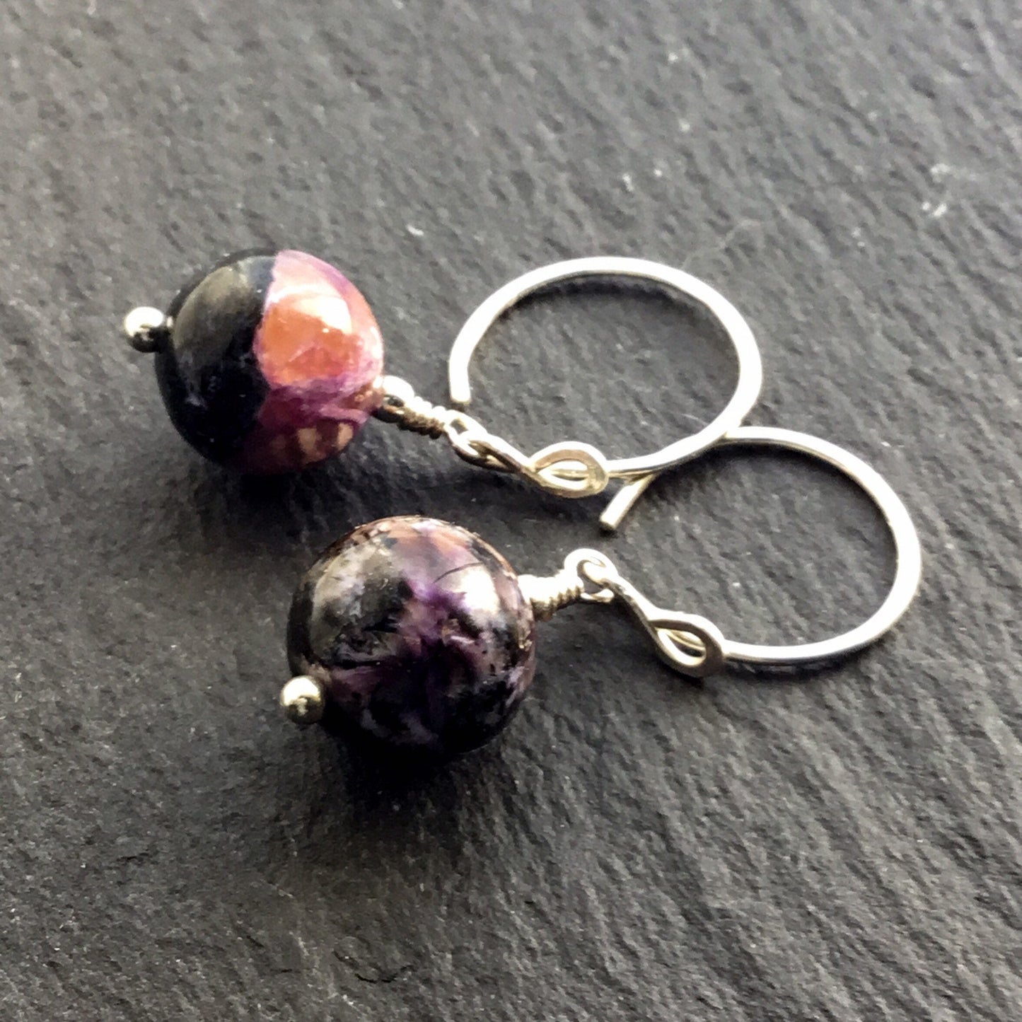 Charoite Infinity Hoop Earrings. All 925 Sterling Silver Hand Forged Earwires. Rare Natural Gemstone - Darkmoon Fayre