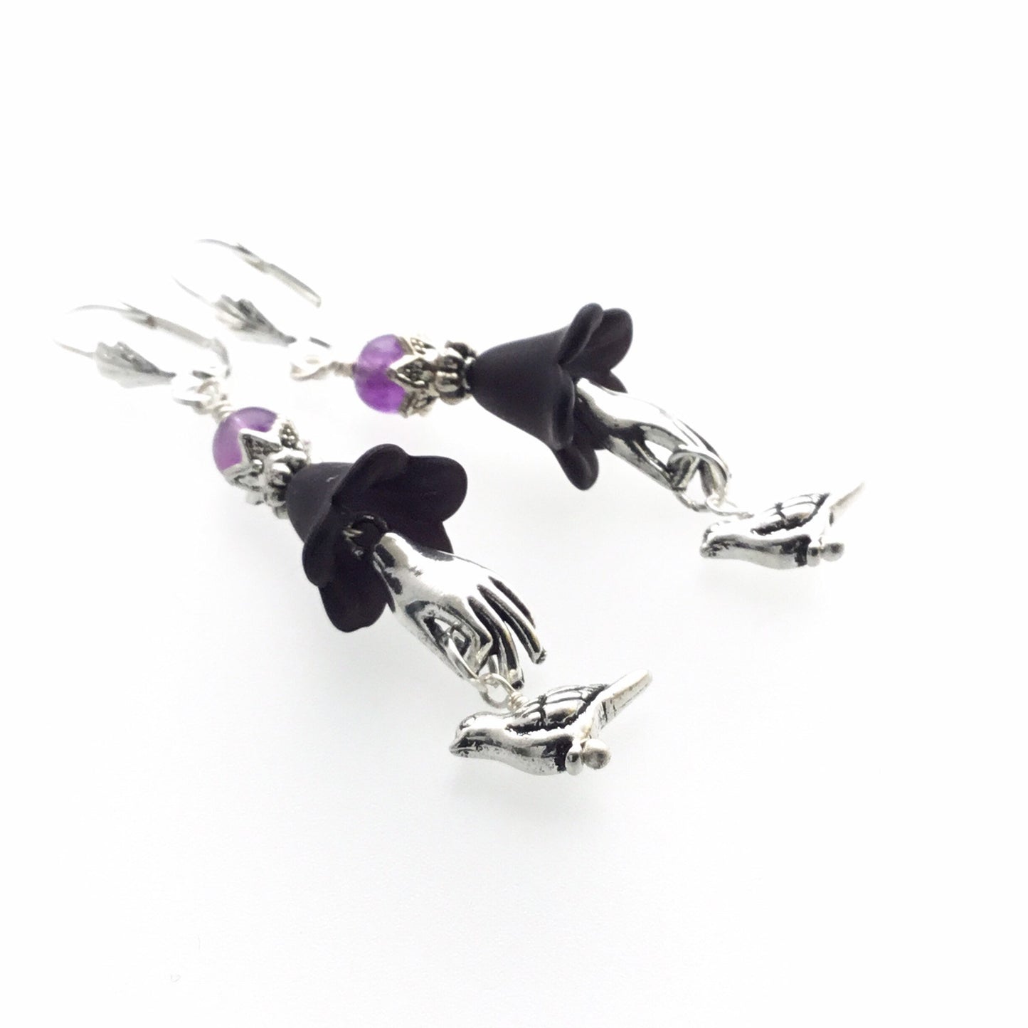 Paloma Bird In The Hand Earrings. Amethyst Beads. Silver Pewter. 925 & Titanium Ear-wire Options - Darkmoon Fayre