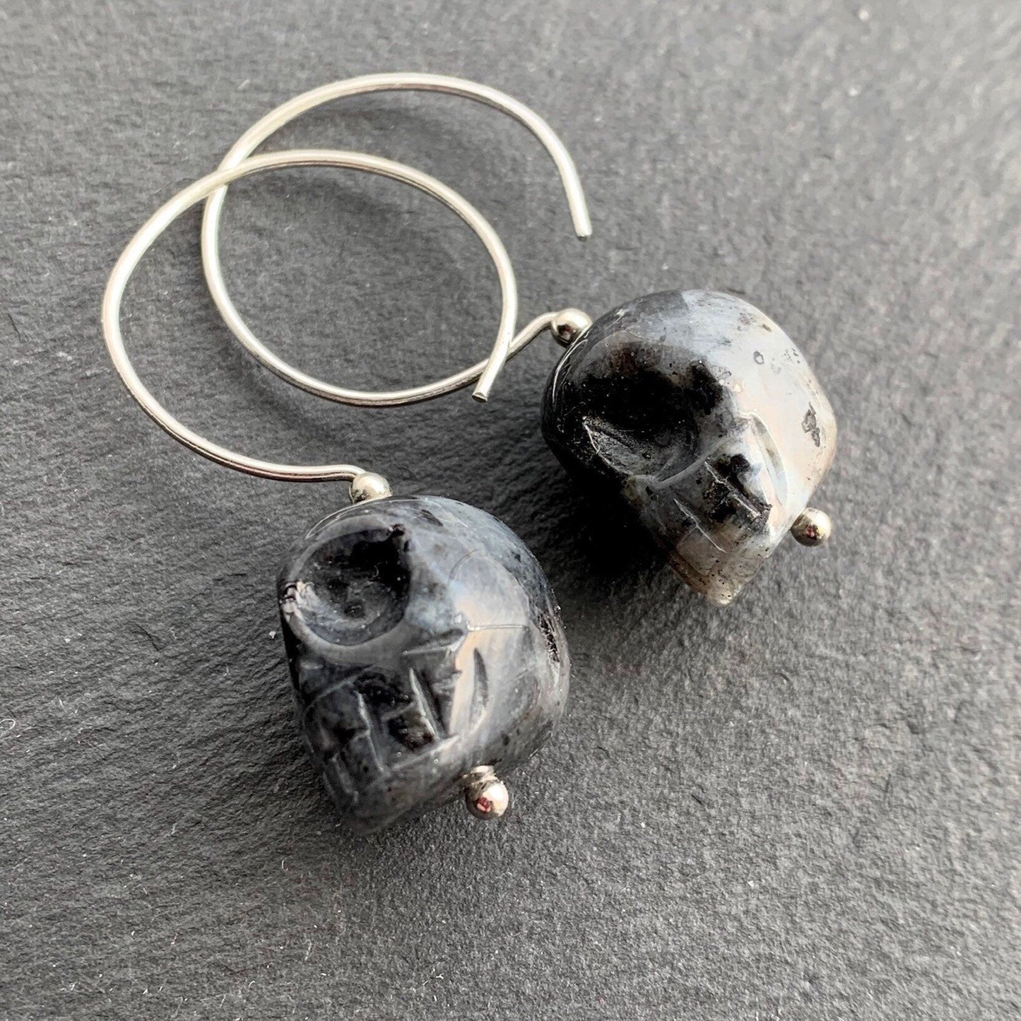 Legend of the Crystal Skull Hoop Earrings. Norwegian Larvikite. All 925 Sterling Silver. - Darkmoon Fayre