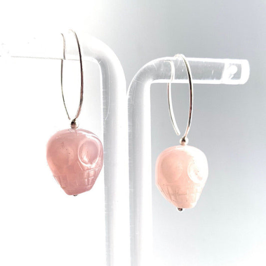 Legend of the Crystal Skull Hoop Earrings. Rose Quartz. 925 Sterling Silver. Halloween Jewelry. - Darkmoon Fayre