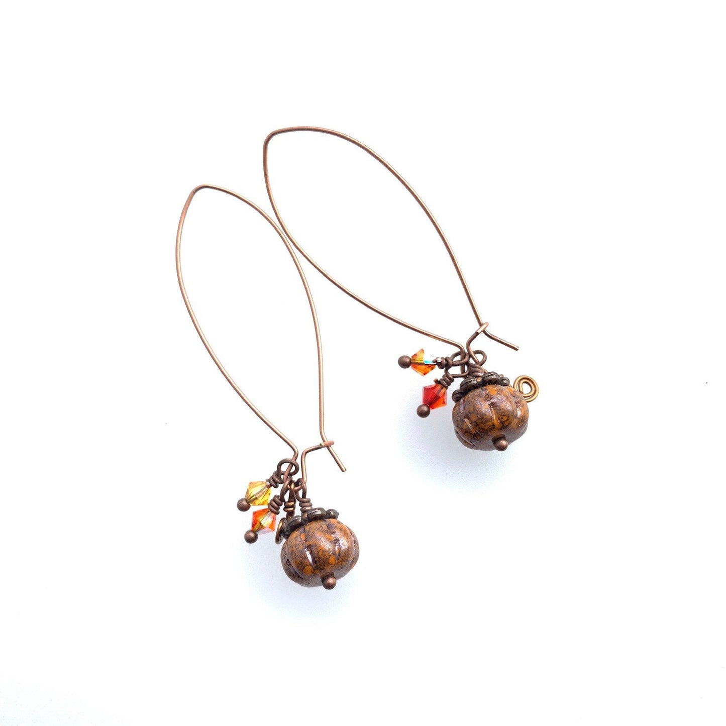 Pumpkin Harvest Earrings. Pressed Czech Glass Orange "Picasso" finish. Antiqued Bronze/Copper Wires - Darkmoon Fayre