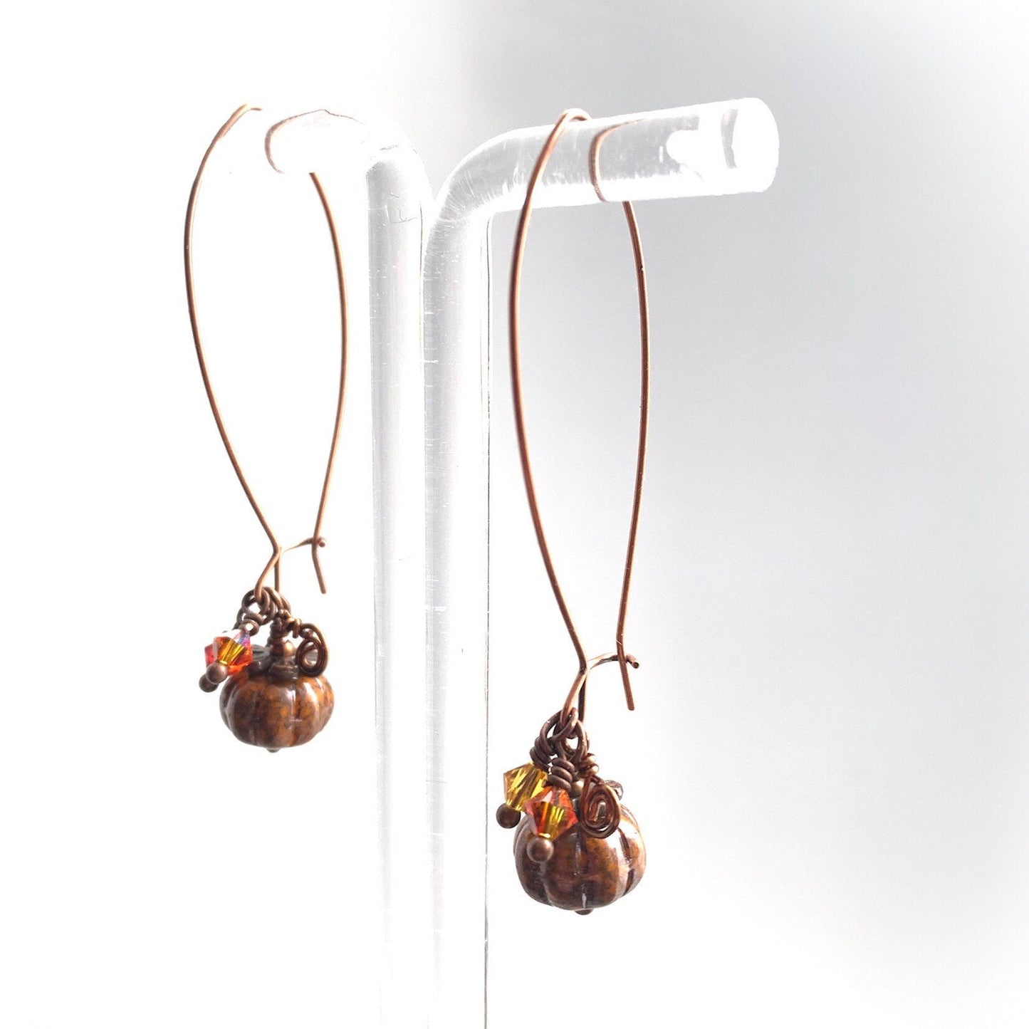 Pumpkin Harvest Earrings. Pressed Czech Glass Orange "Picasso" finish. Antiqued Bronze/Copper Wires - Darkmoon Fayre