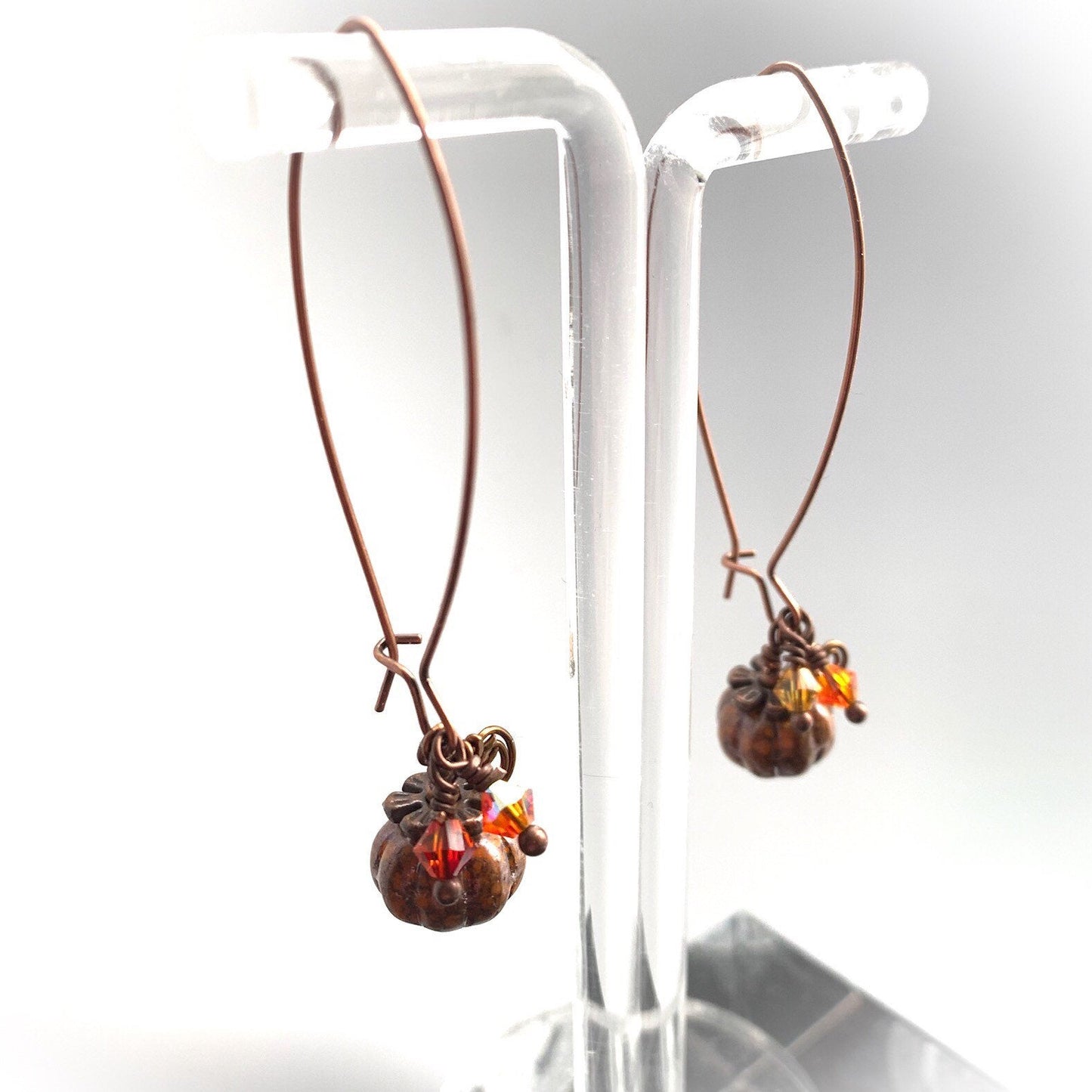 Pumpkin Harvest Earrings. Pressed Czech Glass Orange "Picasso" finish. Antiqued Bronze/Copper Wires - Darkmoon Fayre