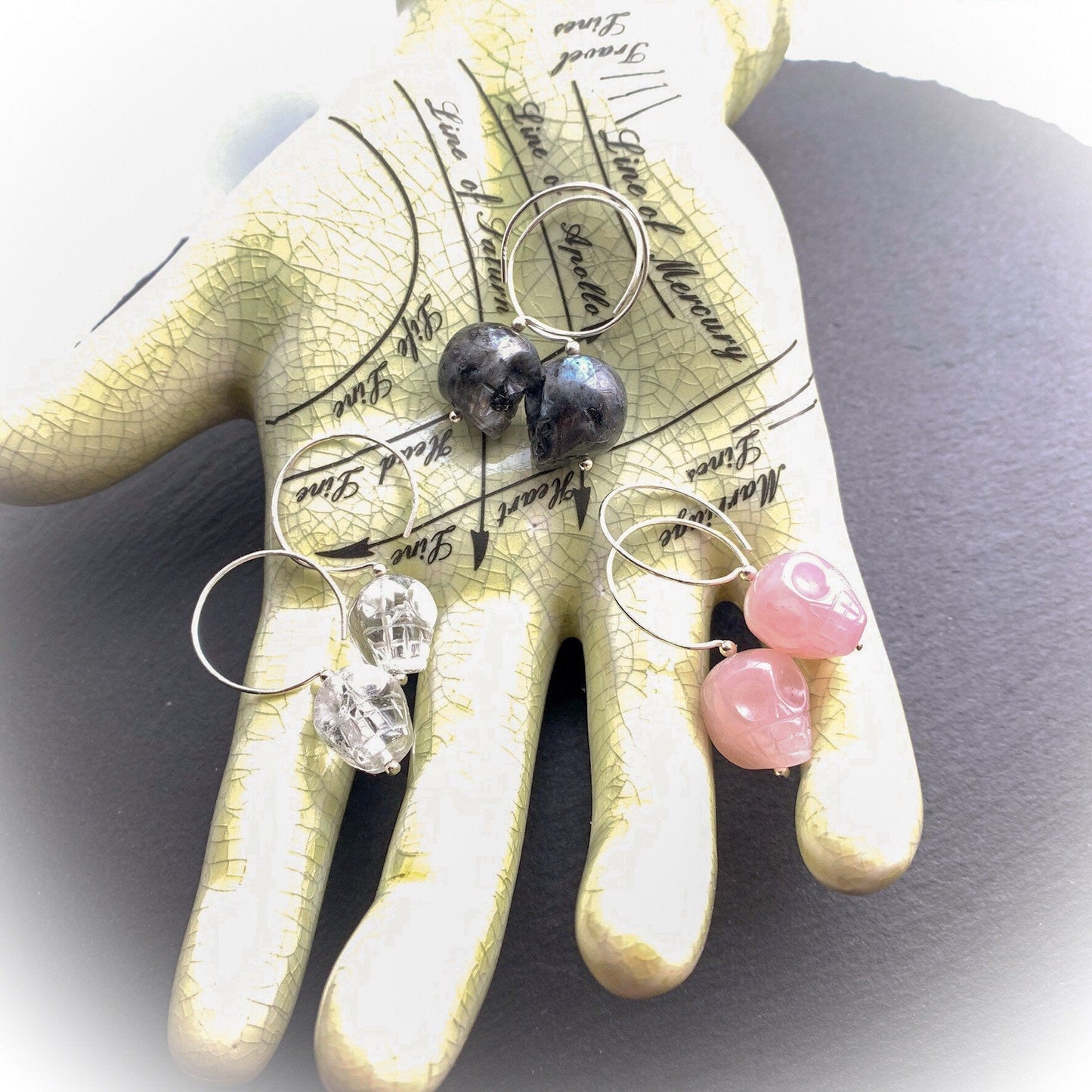 Legend of the Crystal Skull Hoop Earrings. Norwegian Larvikite. All 925 Sterling Silver. - Darkmoon Fayre
