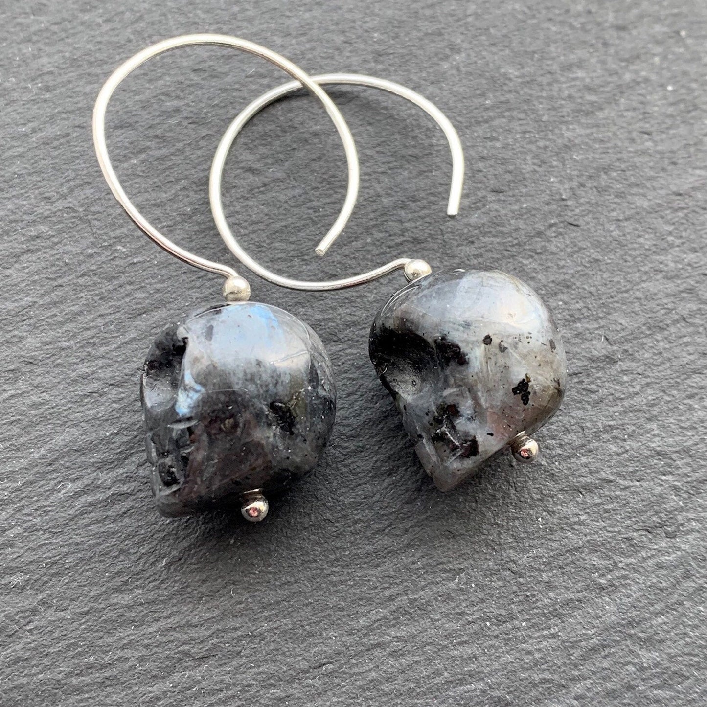 Legend of the Crystal Skull Hoop Earrings. Norwegian Larvikite. All 925 Sterling Silver. - Darkmoon Fayre