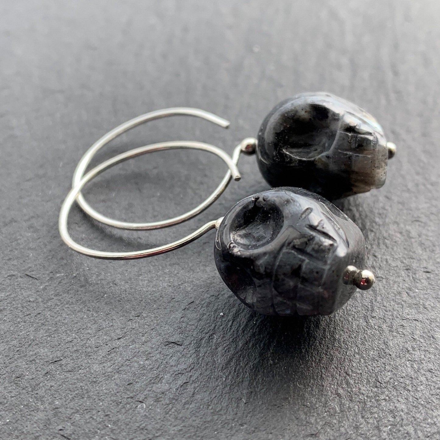 Legend of the Crystal Skull Hoop Earrings. Norwegian Larvikite. All 925 Sterling Silver. - Darkmoon Fayre