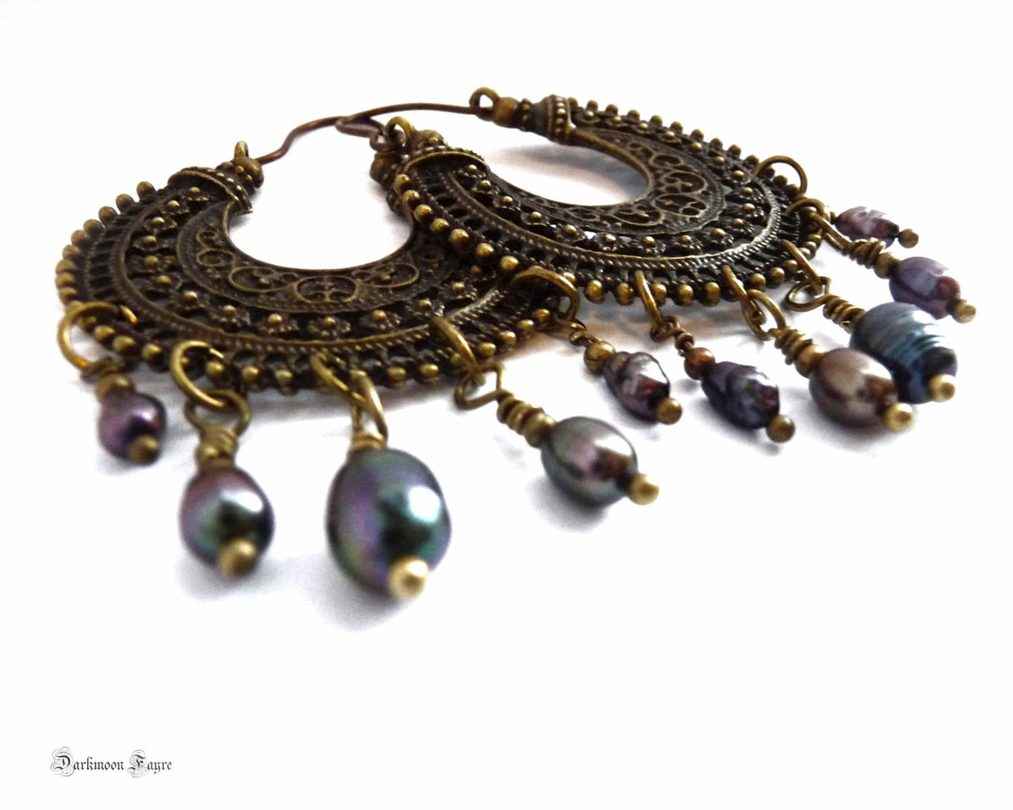 Gypsy Hoops in Antiqued Bronze, Dark Peacock Freshwater Pearls. Niobium Ear-wire (Hypo-allergenic) - Darkmoon Fayre