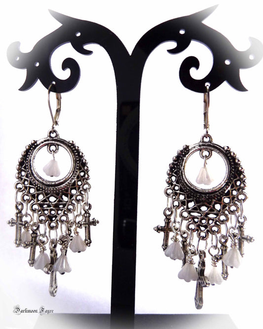 Vampire Slayer Chandelier Earrings, Glass Garlic Bulbs &Mini Crosses. Van Helsing. Vampire Hunter. Gothic. Tibetan Silver. Halloween. - Darkmoon Fayre