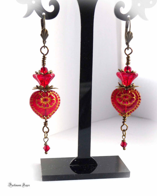 Victorian Valentine Earrings. Swarovski Crystal & Red Glass Heart & Flowers. Niobium Ear-wire Option - Darkmoon Fayre