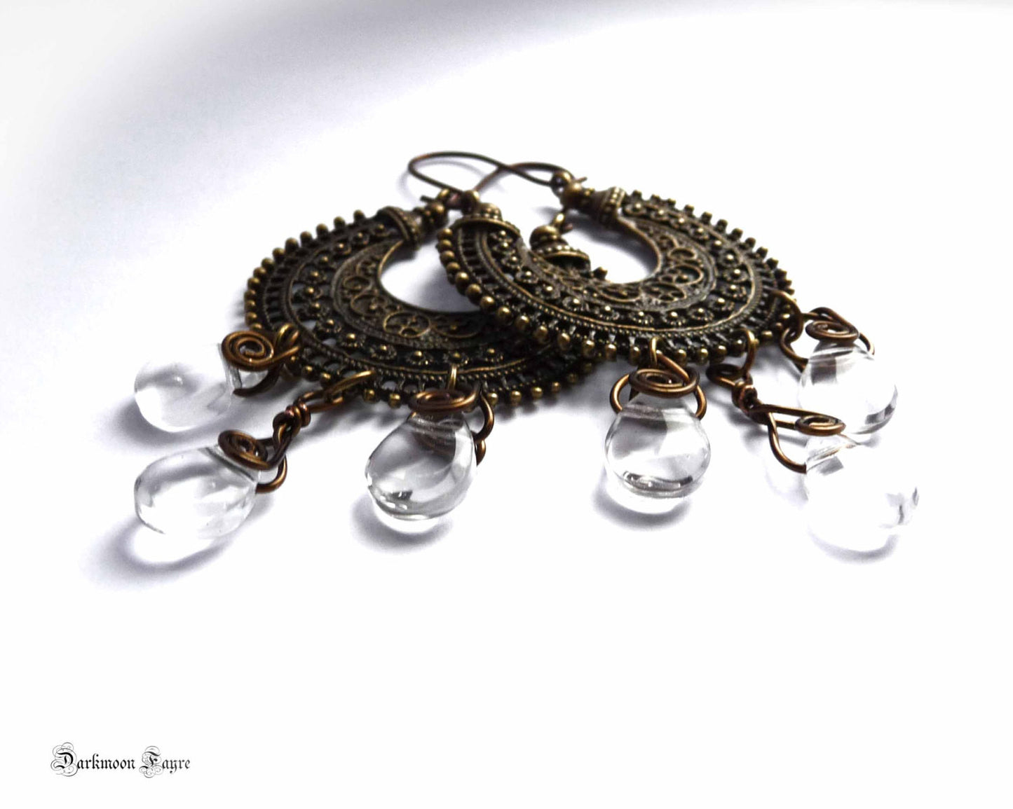 Tribal Antiqued Bronze Hoops. Niobium Ear-wire (Hypo-allergenic). Clear Quartz/Rock Crystal Drops - Darkmoon Fayre