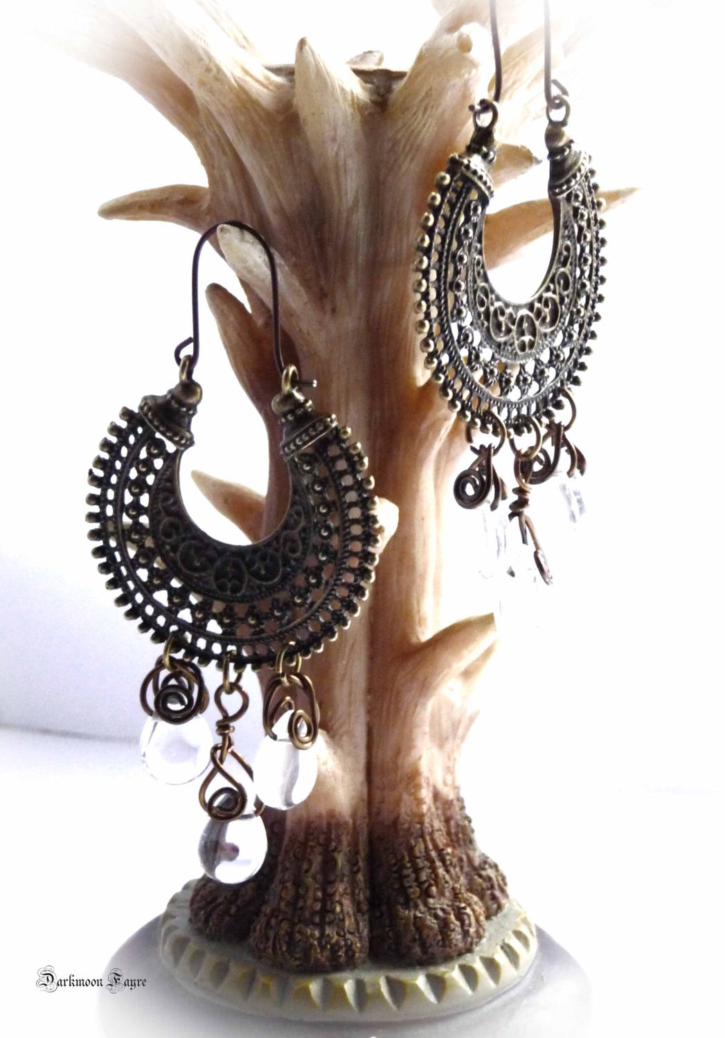 Tribal Antiqued Bronze Hoops. Niobium Ear-wire (Hypo-allergenic). Clear Quartz/Rock Crystal Drops - Darkmoon Fayre