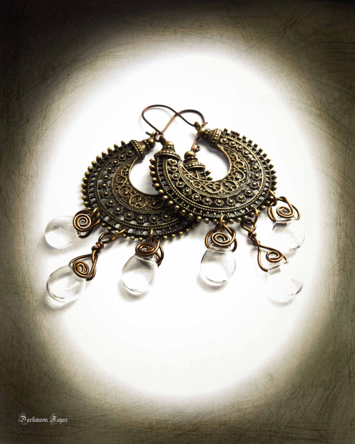Tribal Antiqued Bronze Hoops. Niobium Ear-wire (Hypo-allergenic). Clear Quartz/Rock Crystal Drops - Darkmoon Fayre