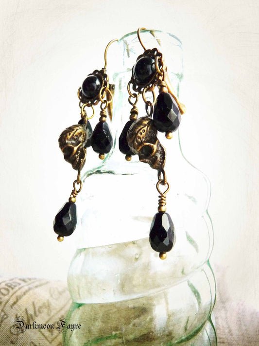 Memento Mori Chandelier Earrings. Black Fire Polished Glass Tear Drops & Bronze Tattooed Skulls. Day of the Dead. Neo-Victorian. Halloween - Darkmoon Fayre