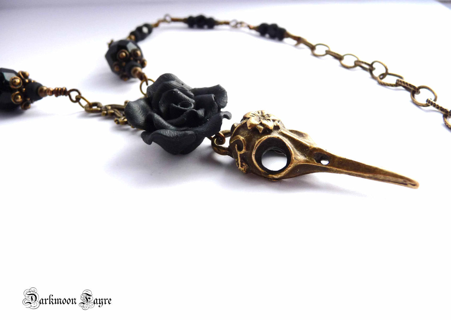 ***Black Rose & Tattooed Bronze Bird Skull Rosary Necklace/ Choker. Jet Black Faceted Vintage, Fire Polished and Matte Black Glass Beads - Darkmoon Fayre