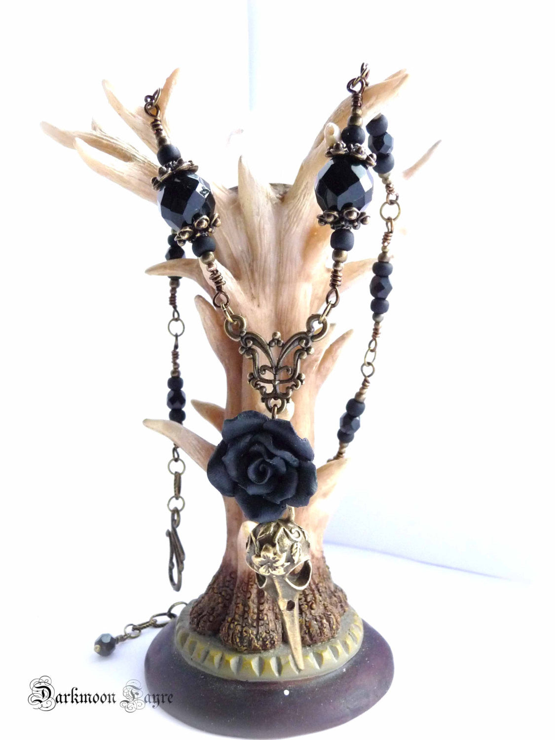 ***Black Rose & Tattooed Bronze Bird Skull Rosary Necklace/ Choker. Jet Black Faceted Vintage, Fire Polished and Matte Black Glass Beads - Darkmoon Fayre