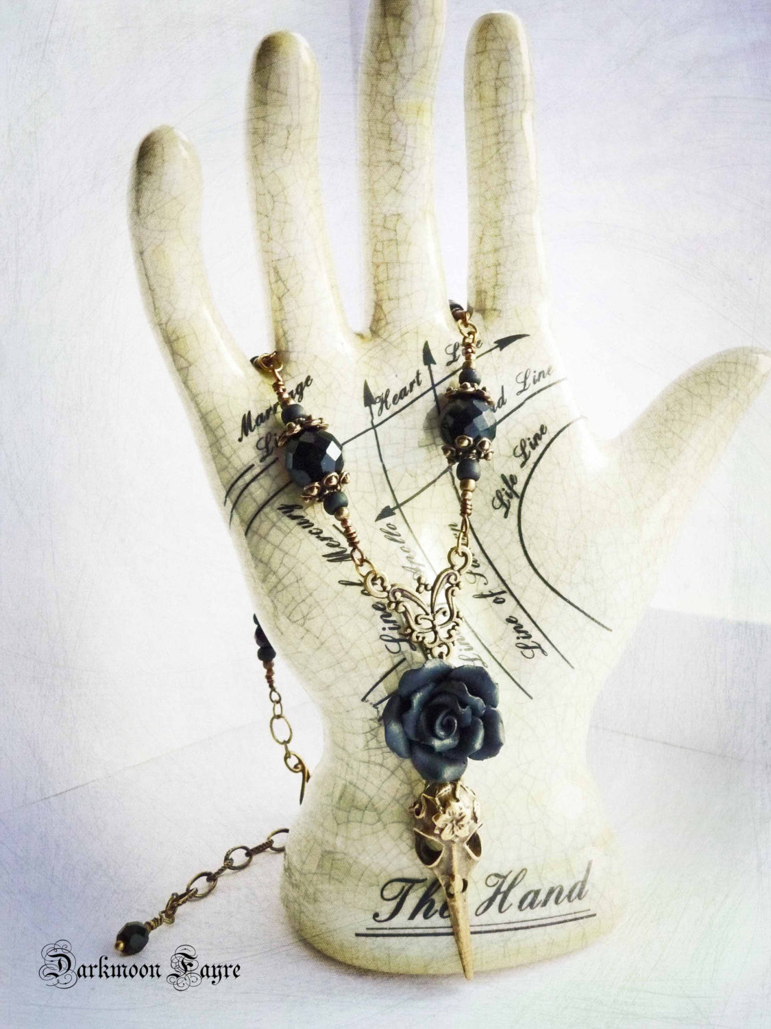 ***Black Rose & Tattooed Bronze Bird Skull Rosary Necklace/ Choker. Jet Black Faceted Vintage, Fire Polished and Matte Black Glass Beads - Darkmoon Fayre