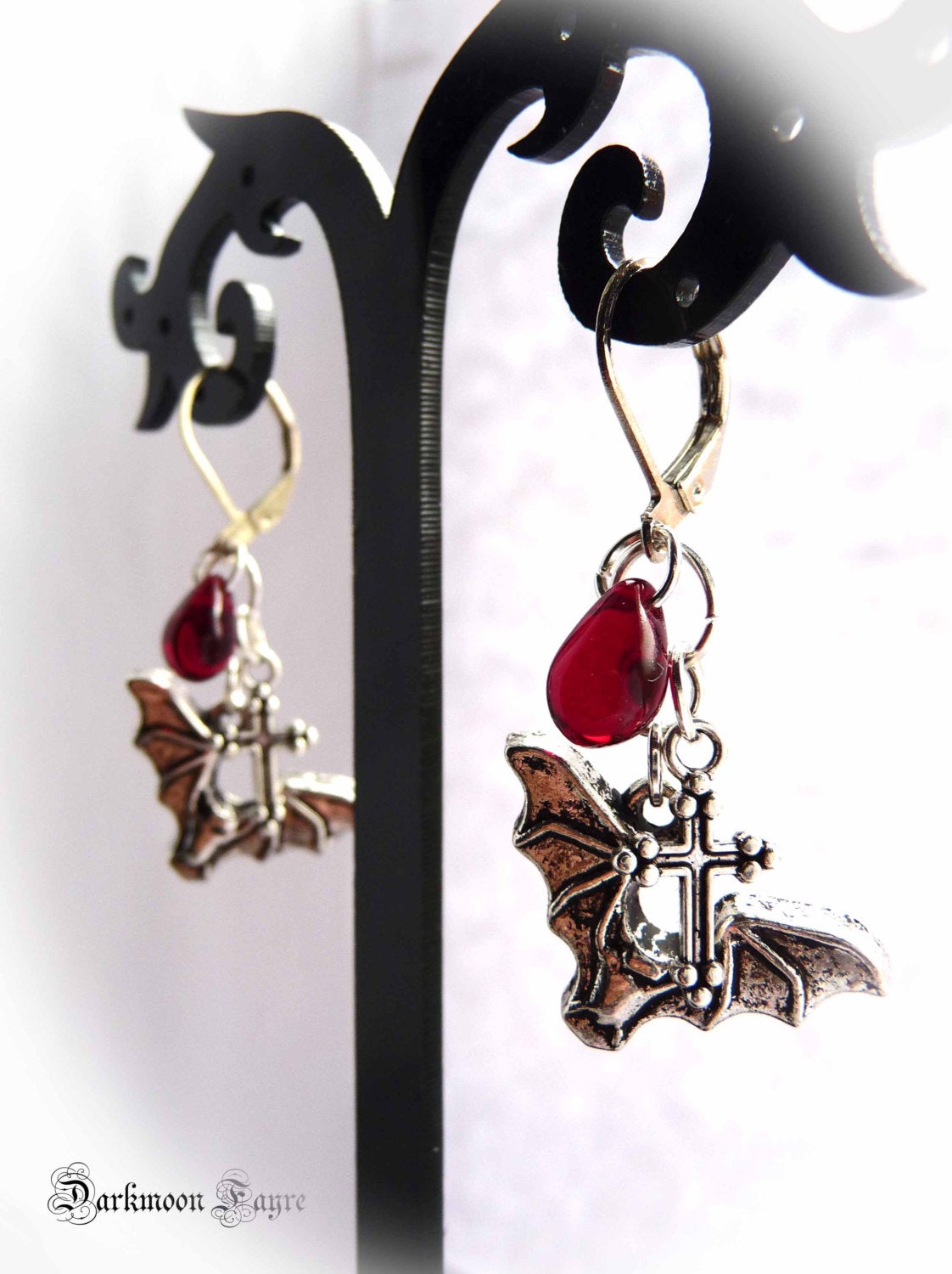 Vampire Slayer Earrings. Bats, Glass Blood Drops & Crosses. Vampire Hunter Gothic Everyday Earrings - Darkmoon Fayre