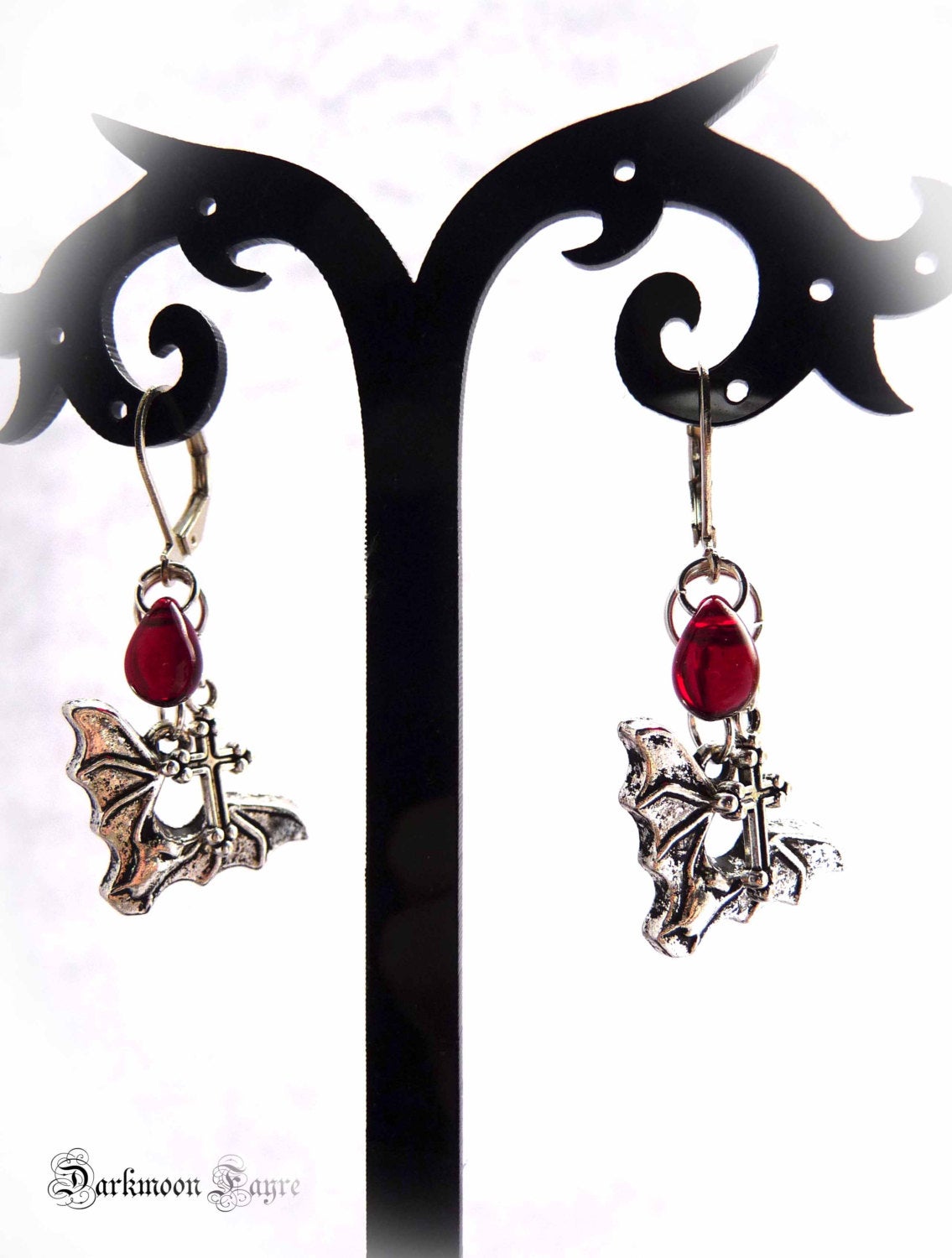 Vampire Slayer Earrings. Bats, Glass Blood Drops & Crosses. Vampire Hunter Gothic Everyday Earrings - Darkmoon Fayre