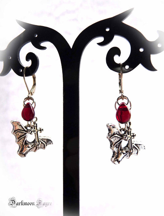 Vampire Slayer Earrings. Bats, Glass Blood Drops & Crosses. Vampire Hunter Gothic Everyday Earrings - Darkmoon Fayre