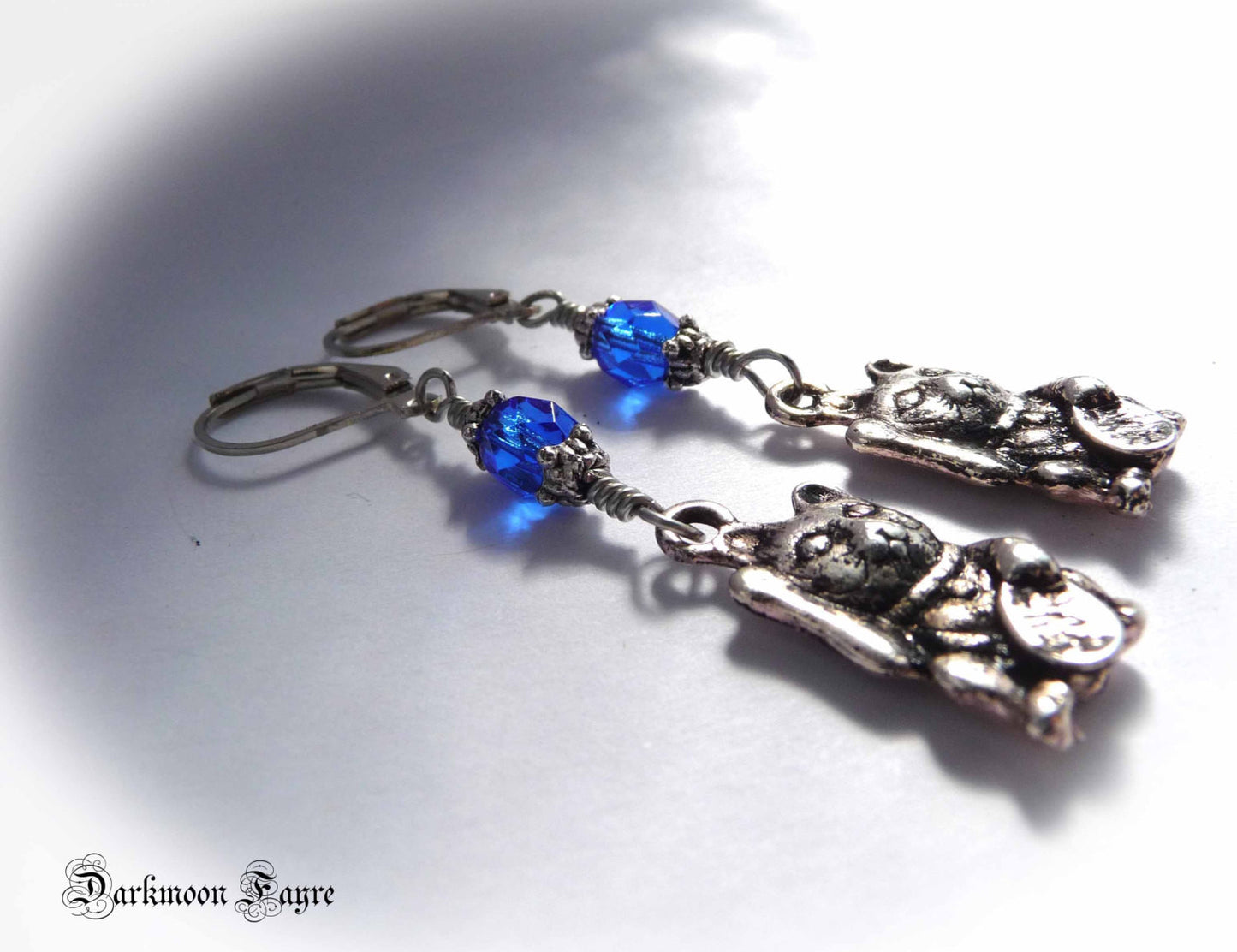 Maneki Neko Lucky Cat Earrings. Cobalt Blue Glass Beads. 925 Sterling Silver Ear-wire Option - Darkmoon Fayre