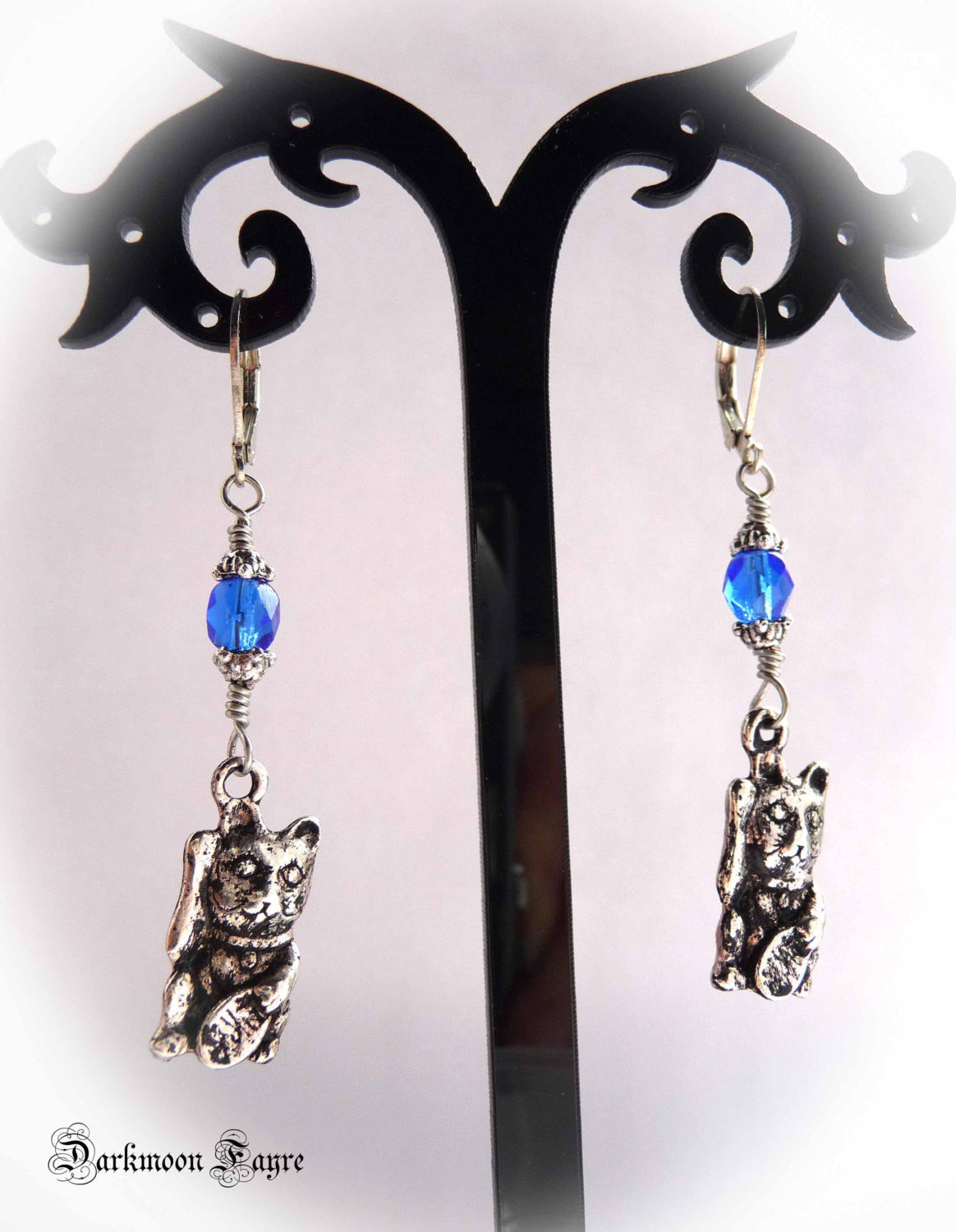 Maneki Neko Lucky Cat Earrings. Cobalt Blue Glass Beads. 925 Sterling Silver Ear-wire Option - Darkmoon Fayre