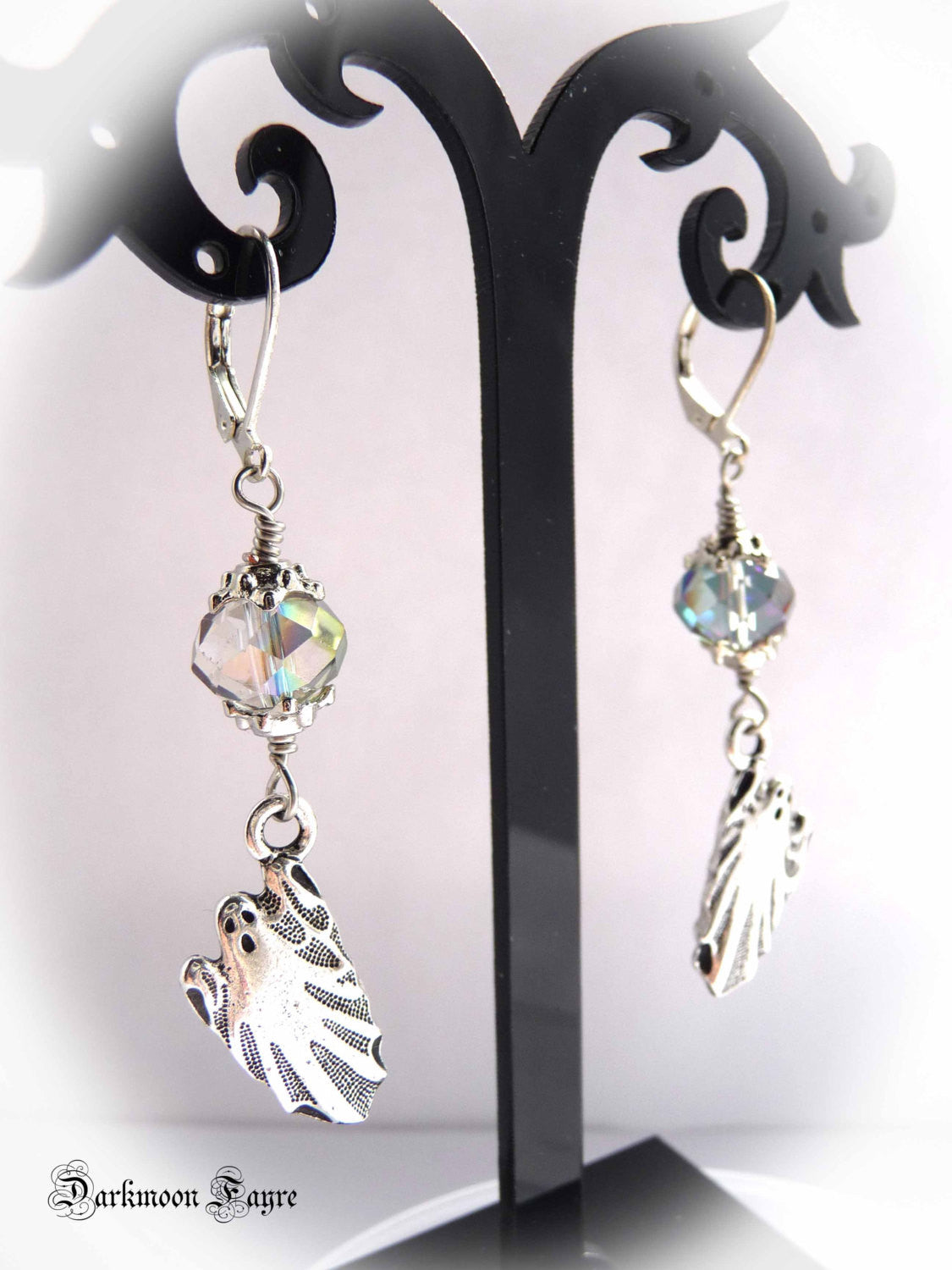 Ghost & Moon Earrings. Cast Pewter Ghost. Aurora Borealis Glass Crystal Moons. 925 & Titanium Option - Darkmoon Fayre