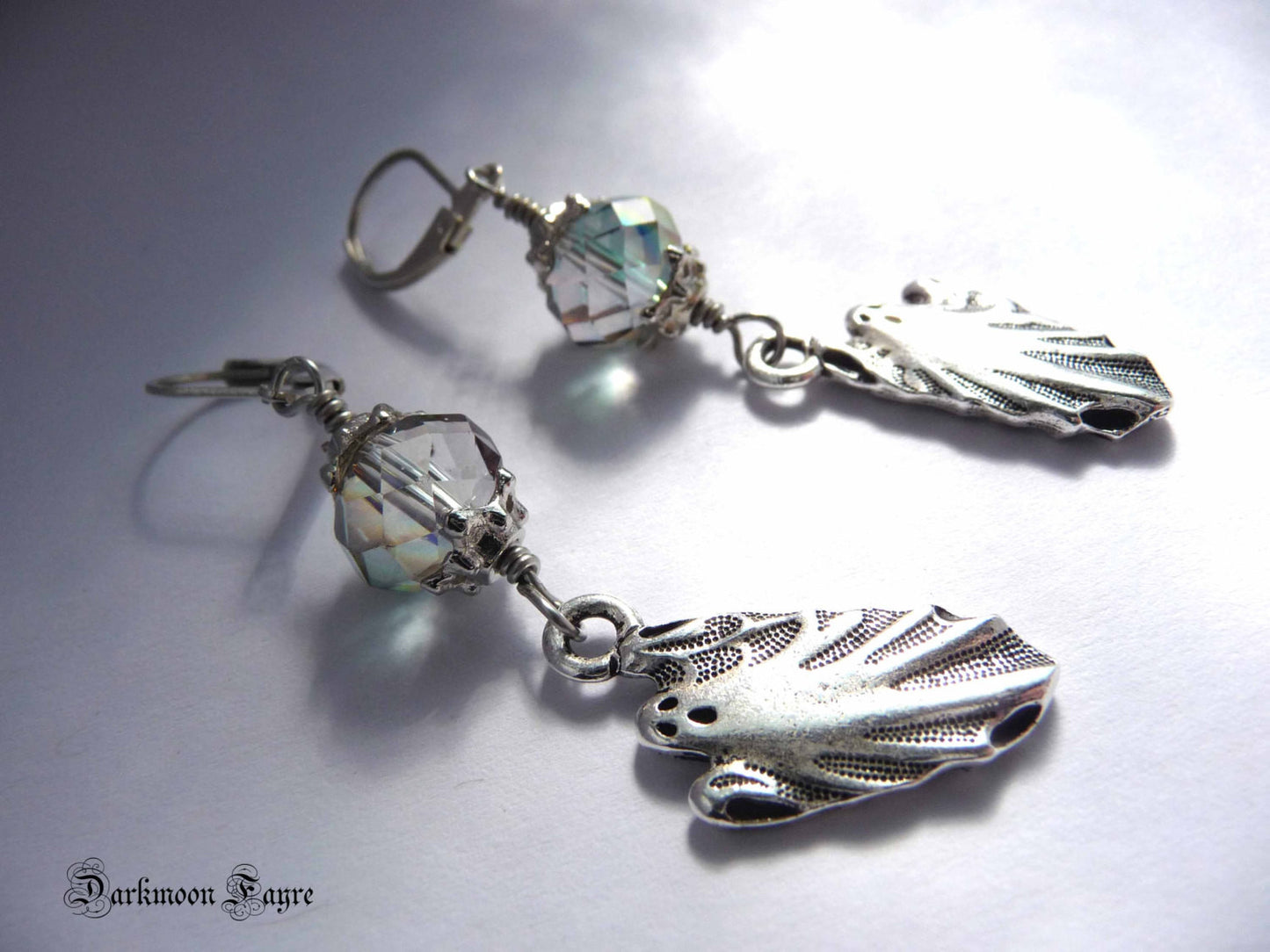 Ghost & Moon Earrings. Cast Pewter Ghost. Aurora Borealis Glass Crystal Moons. 925 & Titanium Option - Darkmoon Fayre