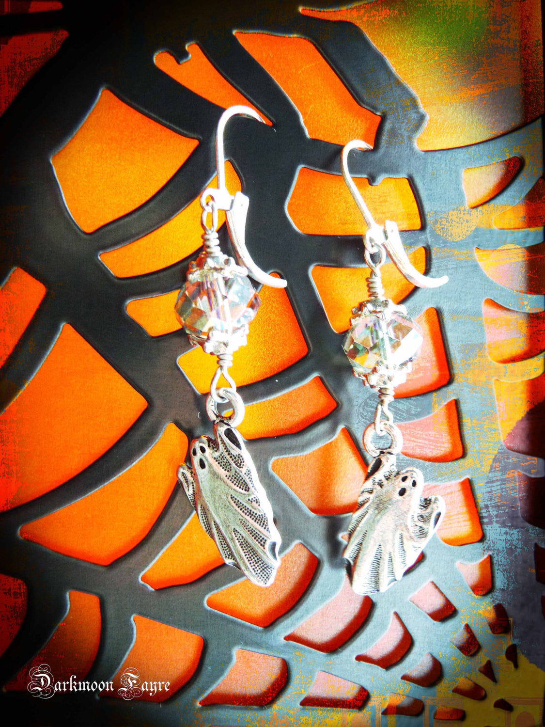 Ghost & Moon Earrings. Cast Pewter Ghost. Aurora Borealis Glass Crystal Moons. 925 & Titanium Option - Darkmoon Fayre