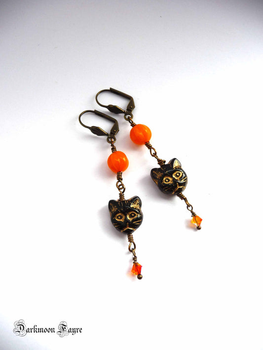 Black Cat Face and Pumpkin Bronze Earrings. Swarovski Fire Opal Crystal. Pressed Glass. Halloween. - Darkmoon Fayre