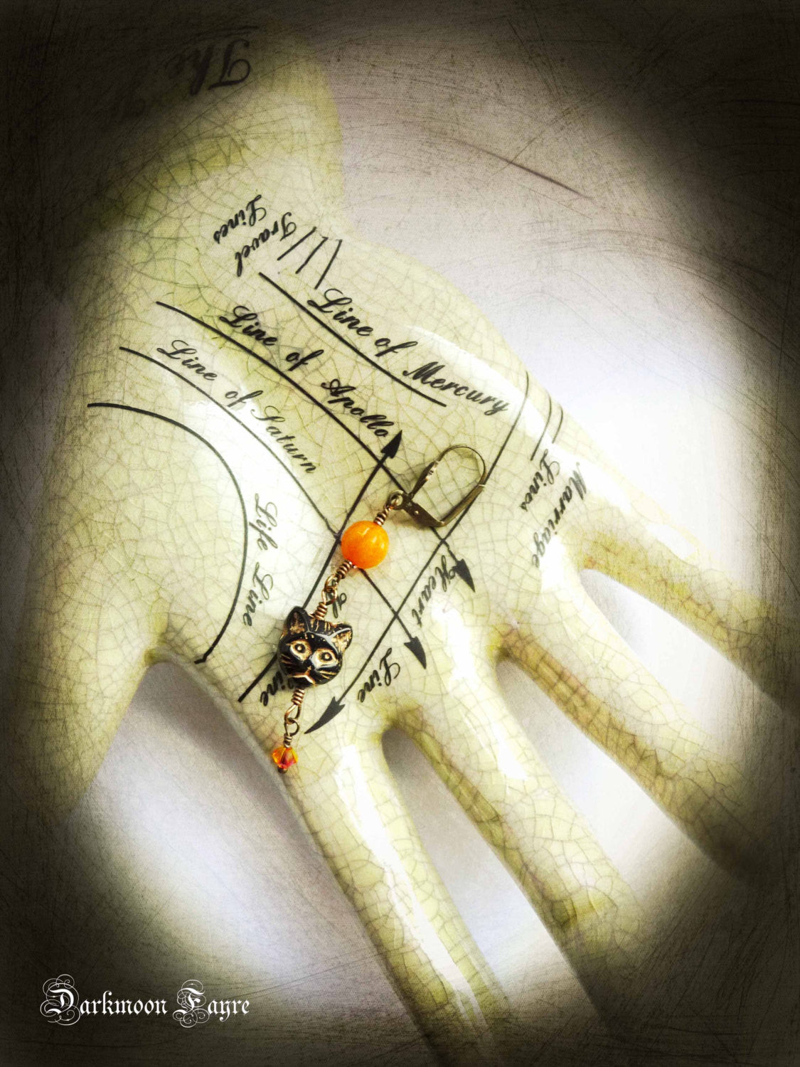 Black Cat Face and Pumpkin Bronze Earrings. Swarovski Fire Opal Crystal. Pressed Glass. Halloween. - Darkmoon Fayre