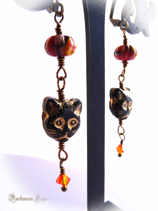 Black Cat & Pumpkin Earrings. Fire Opal Swarovski. Antiqued Bronze. Niobium Option. Halloween Gift - Darkmoon Fayre