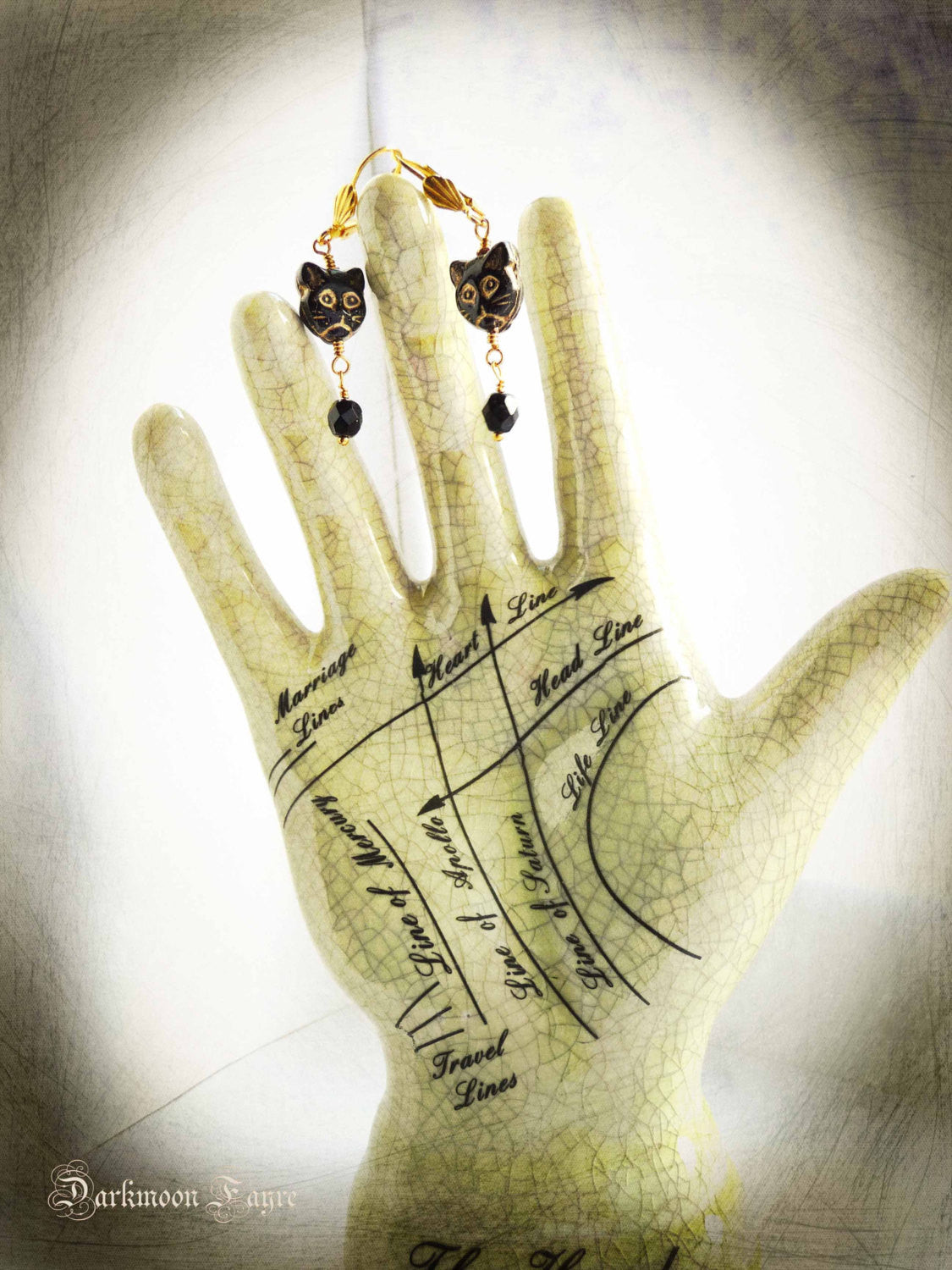 Black Glass Cat Face & Black Faceted Bead Earrings. Czech Pressed and Fire Polished Glass. Hand Wired Wrapped. Yellow Gold Plate Findings. - Darkmoon Fayre