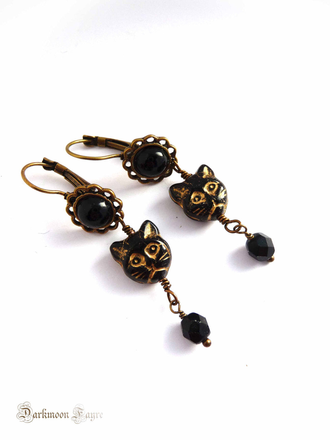 Black Cat Face Earrings. Czech Pressed and Fire Polished Faceted Glass. Antique Style Bronze - Darkmoon Fayre