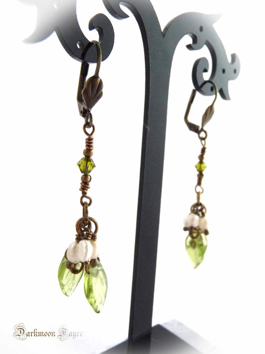 Mistletoe Earrings. Freshwater Pearl & Glass Leaves. Antiqued Bronze. Olive Swarovski Crystals - Darkmoon Fayre