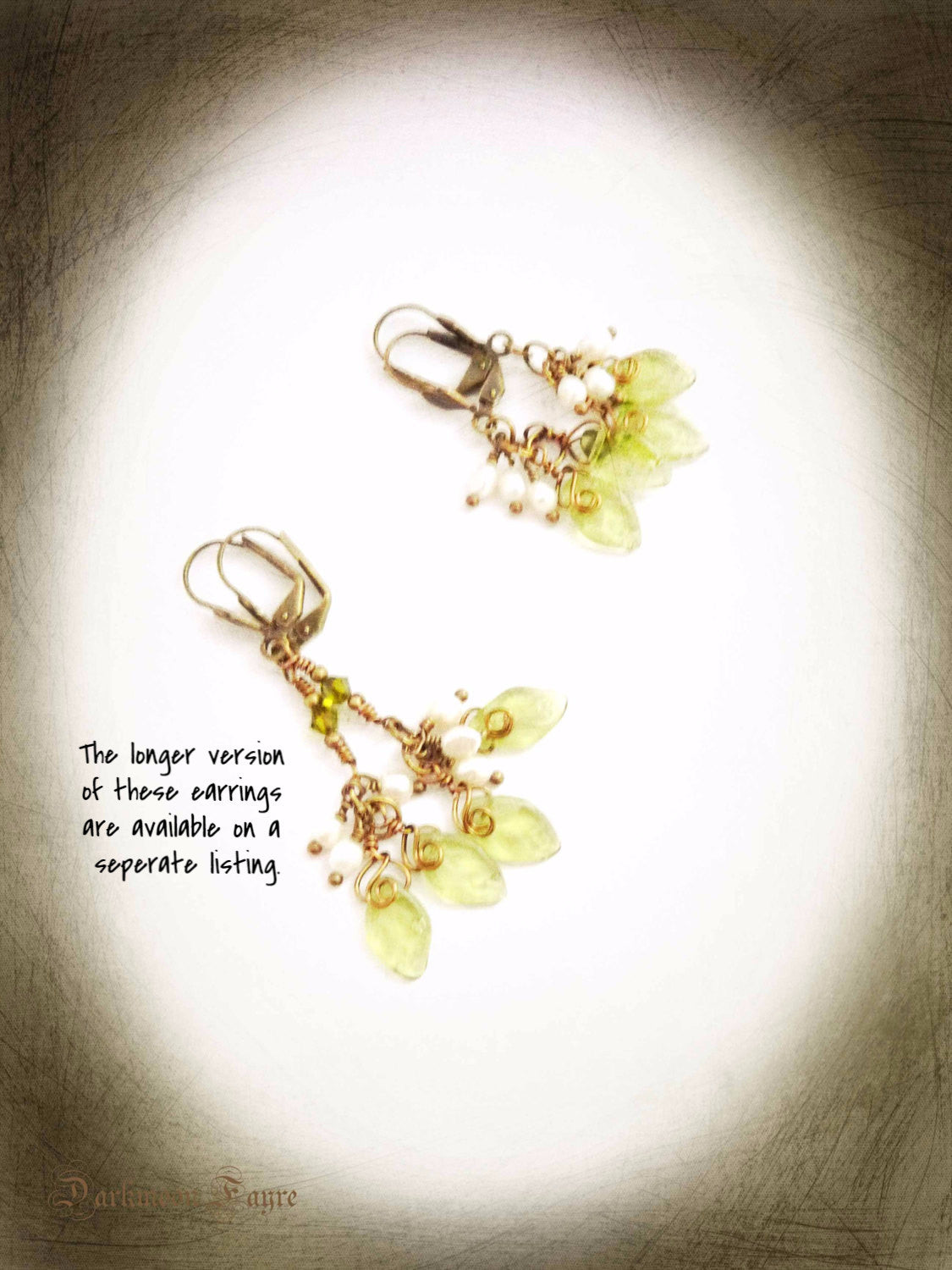 Mistletoe Earrings. Freshwater Pearl & Glass Leaves. Hand Wired Antiqued Bronze - Darkmoon Fayre