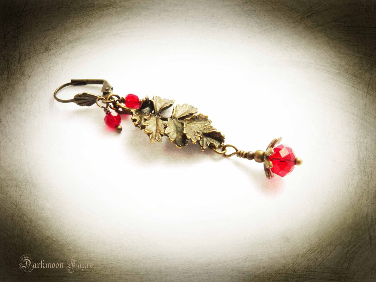 Holly Berry & Leaf Earrings. Antiqued Bronze. Vibrant Red Swarovski. Niobium Ear-wire option - Darkmoon Fayre