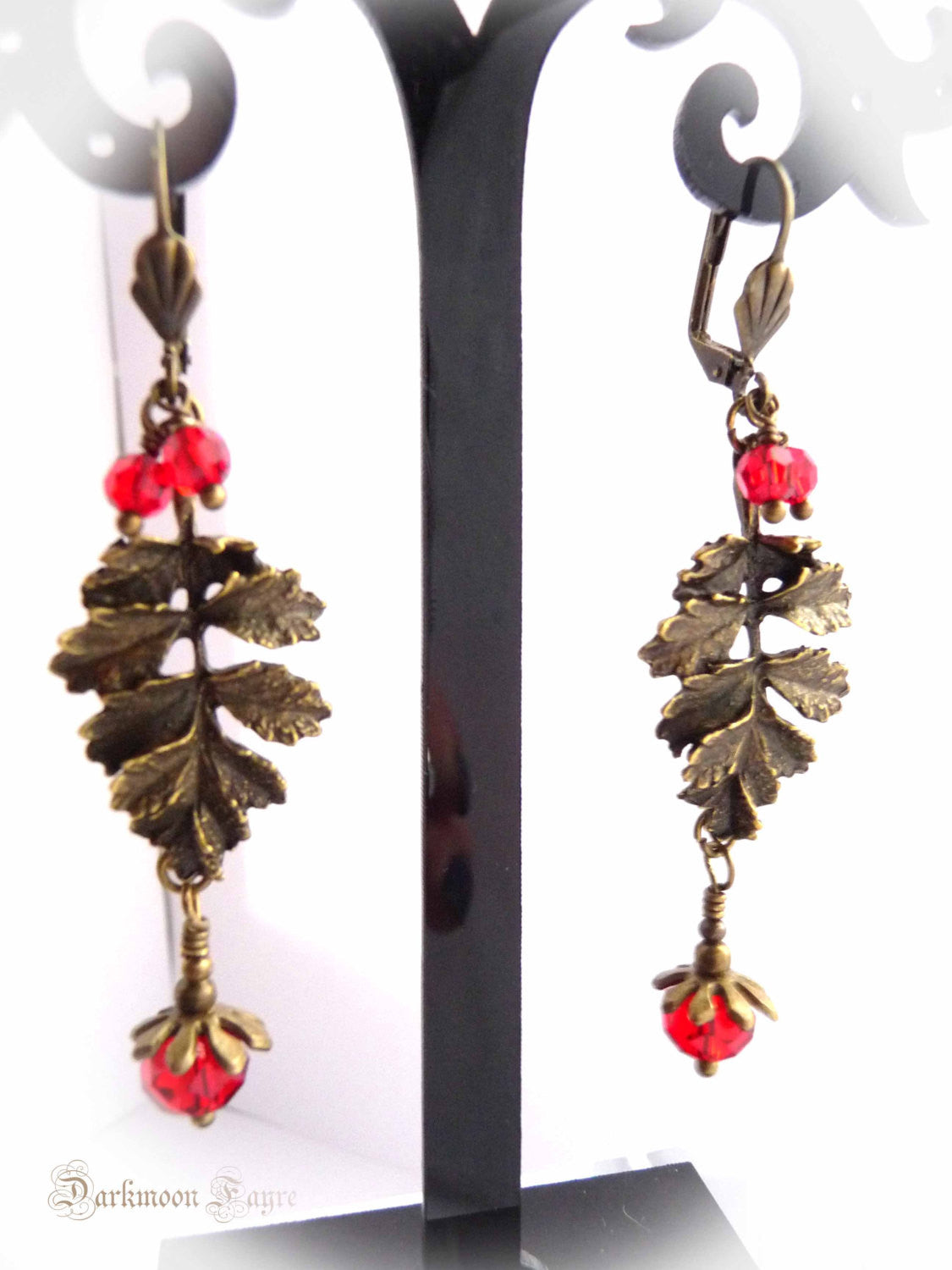 Holly Berry & Leaf Earrings. Antiqued Bronze. Vibrant Red Swarovski. Niobium Ear-wire option - Darkmoon Fayre