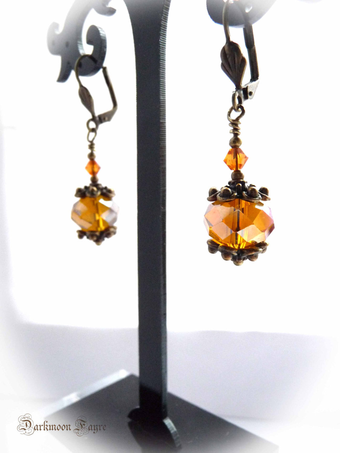 Victorian Bauble Earrings. Amber Swarovski Crystals & Glass. Antique Bronze. Niobium Ear-wire Option - Darkmoon Fayre